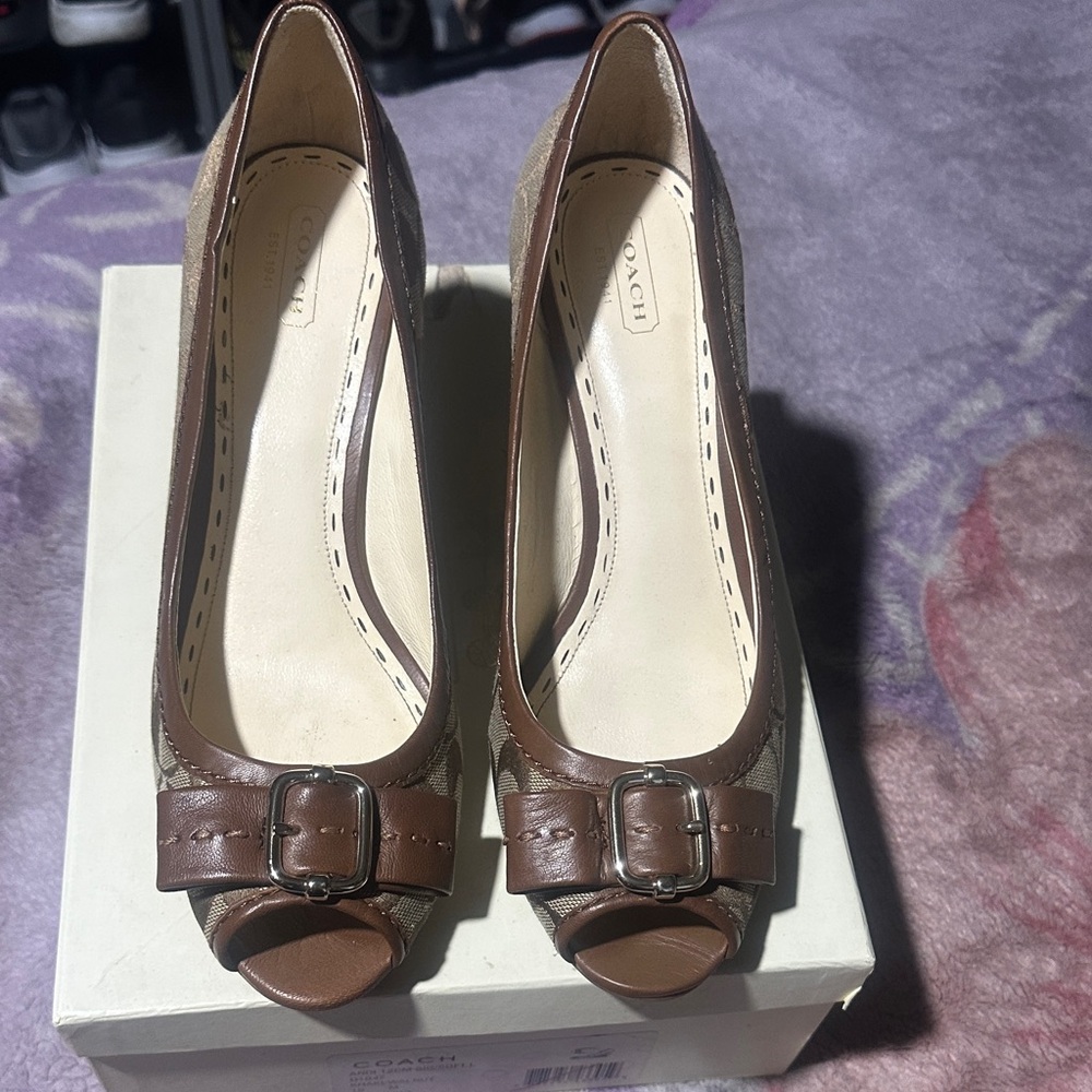 Coach Tan and Brown Peep-Toe Heels